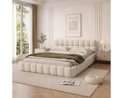 Gestoffeerd tweepersoonsbed 160x200 cm, Bubble bed met lattenbodem en zachte rugleuning, bedframe voor volwassenen en tieners, zonder matras, linnen beige