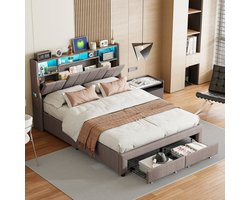 Gestoffeerd tweepersoonsbed 160x200 cm met LED en USB - hoofdbord met opbergruimte, 2 laden en lattenbodem, voor volwassenen en tieners, zonder matras, linnengrijs