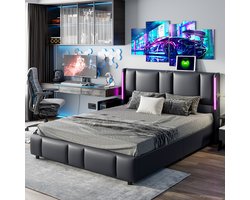 Gestoffeerd tweepersoonsbed 160x200 cm met LED en USB - Modern bed met lattenbodem en hoofdeinde, 2-persoons bedframe voor volwassenen en tieners, zwart PU (zonder matras)