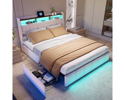Gestoffeerd tweepersoonsbed 160x200 cm met LED's en USB - Modern opbergbed met hoofdeinde, lattenbodem, 4 opberglades - Perfect voor volwassenen en tieners - Beige linnen (zonder matras)