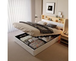 Gestoffeerd Tweepersoonsbed 160x200 cm met Opbergruimte, LED en USB-Poorten, Wit PU-Leer