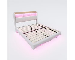 Gestoffeerd tweepersoonsbed 160x200 cm zonder matras met kleurveranderende LED-verlichting oplaadpoort en opbergrek verborgen bedpoten zwevend ontwerp multifunctioneel opbergbed beige