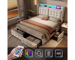 Gestoffeerd tweepersoonsbed 180x200 - Beige LED-hoofdbord - Katoen - 4 Lades - Multicolor LED-verlichting - Oplaadpoorten (Type-C/USB) - Opbergzakken - Stabiel ijzeren frame