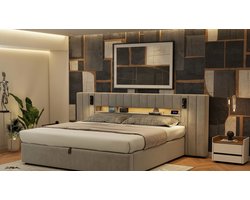 Gestoffeerd Tweepersoonsbed 180x200 Casa Velluto – Luxe Fluwelen Bedframe met Hydraulische Opbergruimte, LED-Verlichting, Bedlampje & USB-Aansluiting – Modern 2 Persoons Bed 180x200 (Grijs)