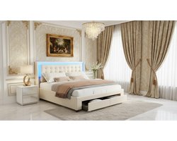 Gestoffeerd Tweepersoonsbed 180x200 cm Casa Velluto – Luxe Opbergbed met Hydraulische Opbergruimte, 2 Laden, Fluwelen Hoofdeinde, LED-verlichting en USB-poort, Functioneel Jeugdbed – Beige, Zonder Matras