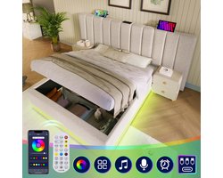 Gestoffeerd tweepersoonsbed 180x200 cm - Hydraulische opbergruimte, 360° LED en USB-C - Beige linnen - App-gestuurde sfeerverlichting en 3 USB-poorten - Inclusief houten lattenbodem