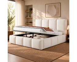 Gestoffeerd Tweepersoonsbed 180x200 cm - Hydraulische Opbergruimte Met Lattenbodem - Zonder Matras - Voor Slaapkamer - Witte Boucle Stof