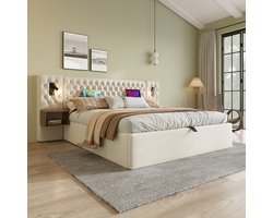 Gestoffeerd tweepersoonsbed 180x200 cm met hydraulische opbergruimte, 2 nachtkastjes & leeslamp met USB - Fluweel - Beige - Excl. matras
