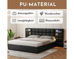 Gestoffeerd Tweepersoonsbed 180x200 cm met Hydraulische Opbergruimte en Bedlade – Modern PU Bed met Hoofdeinde voor Jongeren en Volwassenen – Zwart – Medahomestore