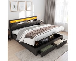 Gestoffeerd tweepersoonsbed 180x200 cm met LED-verlichting en opbergruimte + 2 laden, bedframe met lattenbodem, linnen grijs, boxspring bed zonder matras, geschikt als jongerenbed