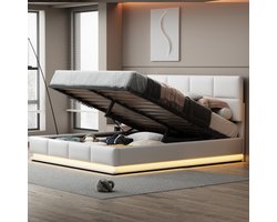 Gestoffeerd Tweepersoonsbed 180x200 cm met LED-verlichting, Hydraulische Opbergruimte, Bedlade en Lattenbodem – Kunstleer, Wit