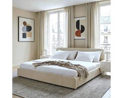 Gestoffeerd Tweepersoonsbed 180x200 cm met Verstelbaar Hoofdbord en Lattenbodem – Modern Beige Bedframe met Houten en Metalen Constructie – Comfortabel Design Bed voor Slaapkamer – 191x210x94 cm – Abkantoor