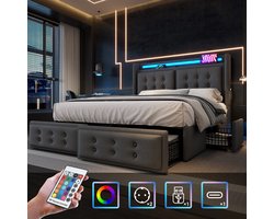 Gestoffeerd Tweepersoonsbed - 180x200 - LED Hoofdeinde + USB-C + 4 Lade - Opbergbed - Houten Latten + Metaal Frame - Katoen - Grijs