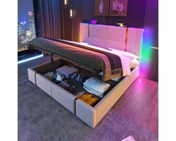 Gestoffeerd Tweepersoonsbed 180x200 met LED Verlichting, USB Opladen en Opbergruimte