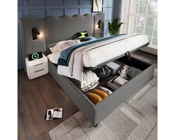 Gestoffeerd tweepersoonsbed 180x200 met leeslamp en USB Type-C oplaadfunctie, bedframe met opbergruimte en lattenbodem van massief hout en metaal, grijs, linnen (exclusief matras)
