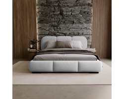 Gestoffeerd Tweepersoonsbed 200x200 cm Holi Luxe Bouclé Bed met Opbergruimte en Houten Lattenbodem – Lichtgrijs – Modern Design – Laura