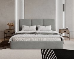 Gestoffeerd Tweepersoonsbed 200x200 cm met Opbergruimte en Gasveren – Modern Velvet Bed met Verticale Hoofdbordpanelen en Lattenbodem – Grijs – Mira Luxe Design – Abkantoor