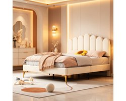 gestoffeerd tweepersoonsbed, bedframe met hoofdeinde en lattenbodem, bedframe van fluweelstof voor volwassenen, tieners, beige, 140 x 200 cm, zonder matras (verzonden in 2 pakketten)