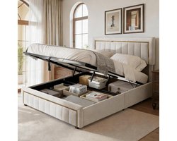 Gestoffeerd tweepersoonsbed - Boxspring bed - Opbergruimte creëren - Hydraulisch hefmechanisme - 140x200 cm - Crèmekleur