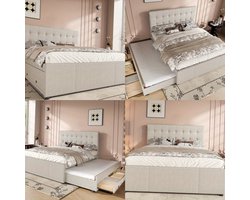 Gestoffeerd Tweepersoonsbed – Double Bed – Familiebed – Huwelijksbed – Opbergbed – 140x200 cm – Verstelbaar Hoofdbord – Beige Bekleding