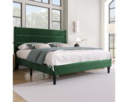 Gestoffeerd tweepersoonsbed met driedelig hoofdeinde - Slaapkamer en tienerkamer 140x200 cm - Donkergroen fluweel - Inclusief lattenbodem - 16 cm opbergruimte - 181 kg draagvermogen