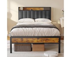 Gestoffeerd Tweepersoonsbed met Houten en Metalen Bedbodem - 120 x 200 cm, Donkergrijs