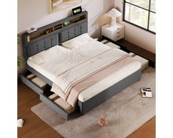 Gestoffeerd tweepersoonsbed met in hoogte verstelbaar hoofdeinde en 4 laden, USB-oplaadfunctie en hoofdeinde opbergruimte, zonder matras, grijs, 140 x 200 cm