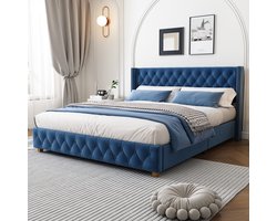 Gestoffeerd tweepersoonsbed met knoop- en nietdetails - 160x200 cm - Blauw - Inclusief lattenbodem - Tot 300 kg belastbaar