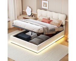 Gestoffeerd tweepersoonsbed met LED 140x200 cm - Geïntegreerde commode, lattenbodem en hoofdeinde, bedframe voor volwassenen, tienermeisje, beige fluweel (zonder matras)
