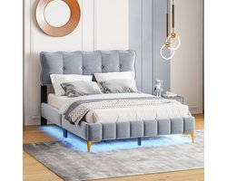 Gestoffeerd tweepersoonsbed met LED-verlichting - modern vleugelhoofdeinde van fluwelen stof met lattenbodem - metalen hoge poten - grijs 140 * 200 cm (matras niet inbegrepen)