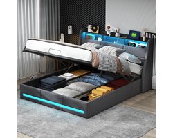 Gestoffeerd Tweepersoonsbed met Opbergruimte en LED Verlichting - Grijs 140x200 cm