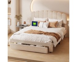 Gestoffeerd tweepersoonsbed met USB-oplaadpoort, 140x200cm, opbergbed met 1 lade, kinderbed, beige teddy hoofdbord, zonder matras
