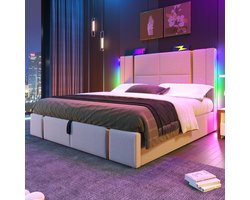 Gestoffeerd tweepersoonsbed met USB Type-C-oplaadfunctie, app-bediening, led-verlichting, 180x200 cm, bedframe met opbergruimte, houten lattenbodem, beige linnen materiaal (matras niet inbegrepen)
