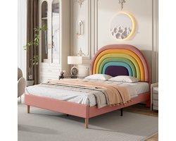 Gestoffeerd tweepersoonsbed met verstelbaar regenboog hoofdeinde - Tiener- en volwassenenkamer 140x200 cm - Roze - Inclusief houten lattenbodem - Huidvriendelijk fluweel - 300 kg draagvermogen