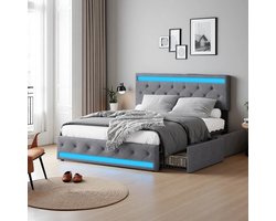 Gestoffeerd Tweepersoonsbed – Opbergbed – Bed met Lades – Slaapkamerbed – Linnen Bedframe – 140x200 cm – LED Hoofdbord – Met 4 Opberglades