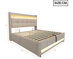 Gestoffeerd tweepersoonsbed - Opbergbed - LED-verlichting - USB-aansluiting - Hydraulisch systeem - Slaapkamer - 180x200 cm - Beige linnen stof