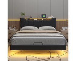 Gestoffeerd Tweepersoonsbed – Opbergbed – Slaapbank – Led Bed – Boxspring – Zwart 140x200 cm – Hydraulische Opbergruimte – Verstelbaar Hoofdeinde