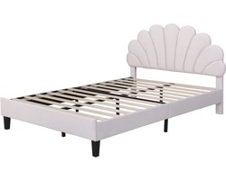 Gestoffeerd tweepersoonsbed van 140 x 200 cm met een hoofdbord met bloemenpatroon en lattenbodem, bekleed met zachte fluwelen stof, geschikt voor volwassenen/tieners. Beige logeerbed.