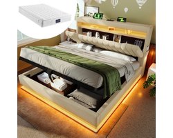 Gestoffeerd tweepersoonsbed van 140x200 cm, hoofdeinde met opbergruimte en USB- en Type-C-aansluitingen, ledverlichting aan het hoofd- en voeteneinde, hydraulische opbergruimte, beige, linnen, inclusief matras.
