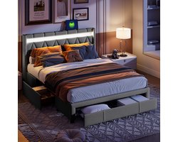 Gestoffeerd Tweepersoonsbedden diamantpatroon, USB oplaadfunctie en slimme led-lichtstrip, 4 lades, Metalen frame met Kussen randen, modern Slaapkamer Tienerbed, opbergbed 160x200 cm - grijs
