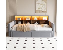 Gestoffeerd uitschuifbaar slaapbankbed 90/180x190 cm – LED + USB – hoofdbord met opbergruimte – 2 lades – fluweel donkergrijs