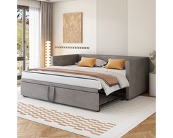 Gestoffeerd uitschuifbed 2-in-1 - Van eenpersoons naar tweepersoons 90/180x200 cm - Grijs - Met armleuningen en rugleuning - Huidvriendelijk fluweel - Inclusief lattenbodem