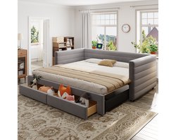 Gestoffeerd Uittrekbaar Slaapbank - 90 x 190 cm - 3-in-1 Multifunctioneel Met Lades - Veranderbaar Enkel Dubbel - Katoen Linnen - Grijs