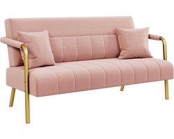 Gestoffeerde bank met armleuningen en poten van metaal, moderne tweezitsbank met 2 lendenkussens, loveseat voor de woonkamer, thuiskantoor, roze