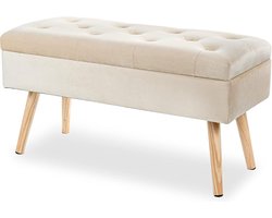 Gestoffeerde bank met opbergruimte, gestoffeerde bank met fluwelen opbergdoos, voetenbank met houten poten voor hal, woonkamer, slaapkamer, 80 × 35 × 43 cm, crème
