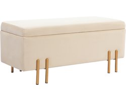 Gestoffeerde bank met opbergruimte-ladebank-schuim-metaal-rubberhout-100 x 40 x 42 cm-beige