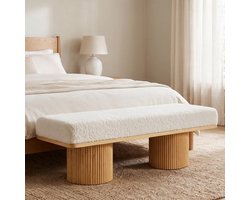Gestoffeerde bank van geribbeld massief hout, beklede bank van bouclé teddy stof voor slaapkamer woonkamer gang