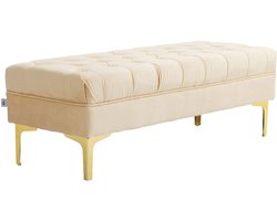 Gestoffeerde bank/bank voor aan het voeteneinde van een bed- klassieke chique stijl- afmetingen 118L x 45B x 42H cm- gouden metalen poten- beige fluweel