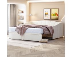 Gestoffeerde bed slaapbank 90/180*200 cm met lattenbodem, multifunctioneel bed van huidvriendelijke fluwelen stof beige