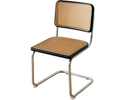 Gestoffeerde eetkamerstoel van rotan met chromen basis en natuurlijke rietrug, stijlvolle loungestoel voor woonkamer, eetkamer en terras, modern en comfortabel ontwerp
